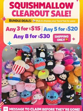 “SQUISHMALLOW CLEAROUT SALE 🚨
So many cuties need new homes 🥹💖